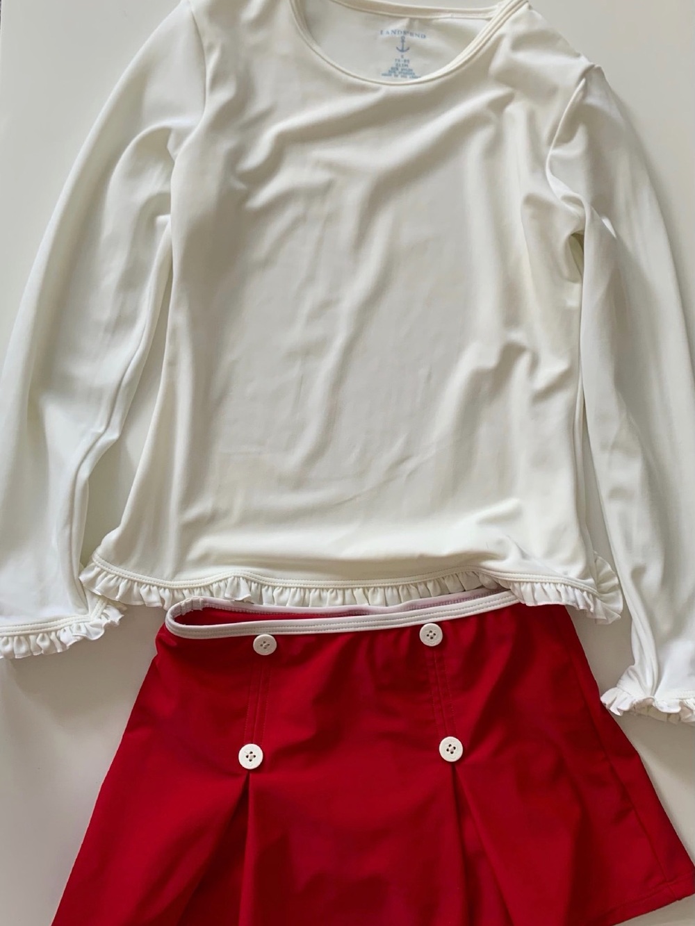 Lands' End Girls White Long-Sleeve Rashguard with Red Swim Skirt Size 7-8